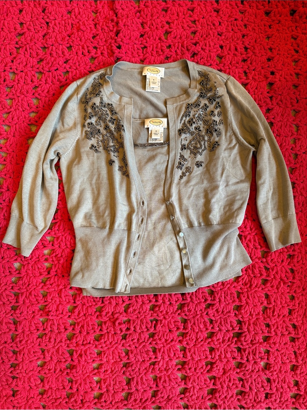 Talbots beaded, silk cardigan + top combo, light gray, size small (petites)